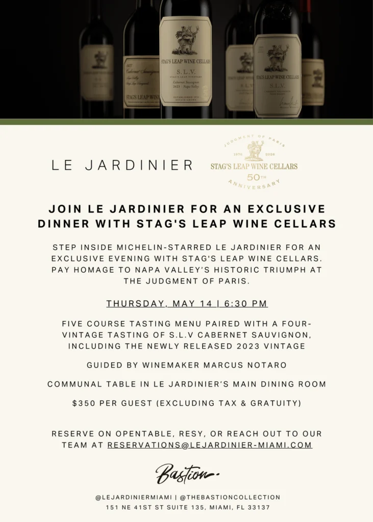 Two Wine Dinners To Know About In Miami As Bastion Collection's L’Atelier de Joël Robuchon and Le Jardinier Miami Host Domaine de La Bouche du Roi and Stag's Leap