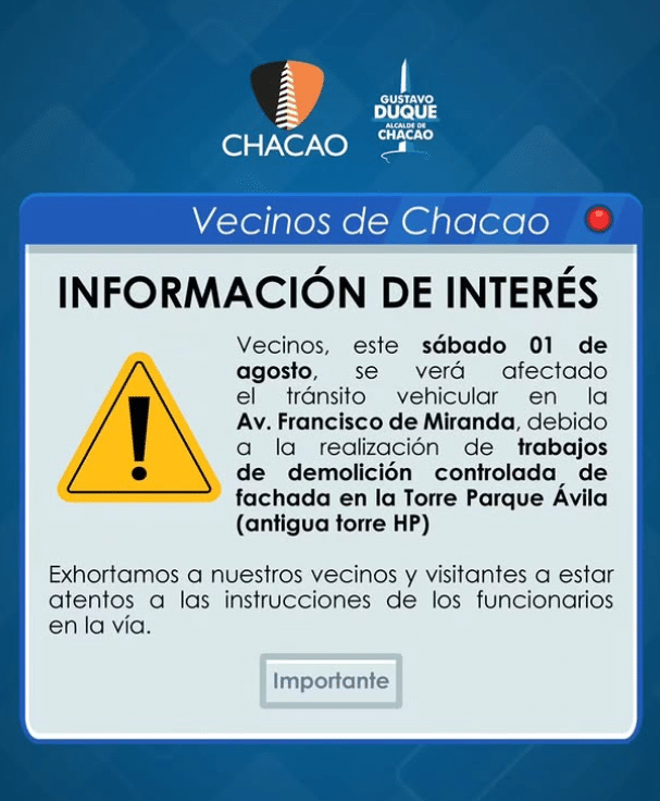 Chacao anuncia demolición controlada de fachada en la Torre Parque Ávila