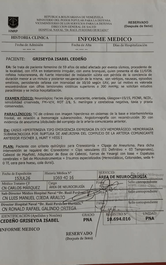 Familia solicita apoyo solidario para cirugía de paciente con hemorragia cerebral tras los terremotos