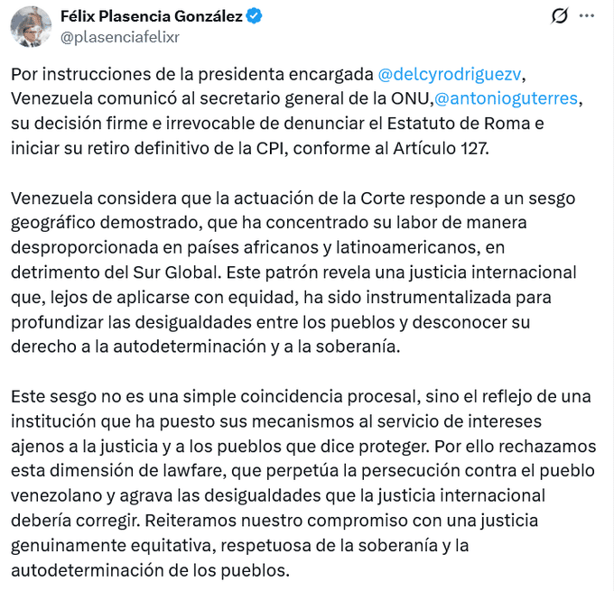Gobierno interino anuncia “retiro definitivo” de Venezuela de la Corte Penal Internacional