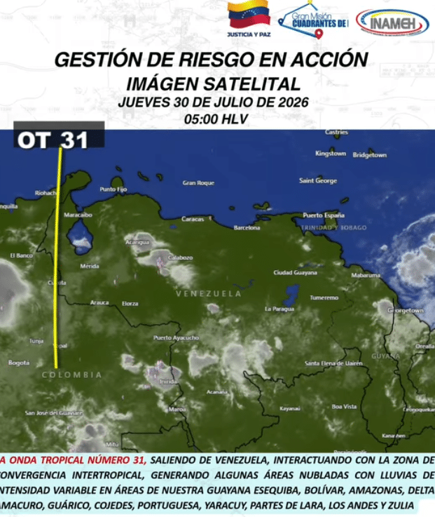 Inameh reporta lluvias y actividad eléctrica en Venezuela por salida de la onda tropical N° 31