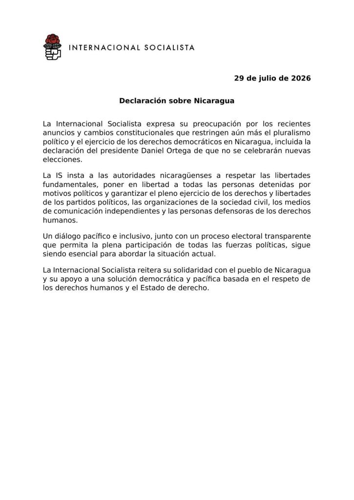 Internacional Socialista expresa preocupación por el cierre democrático en Nicaragua