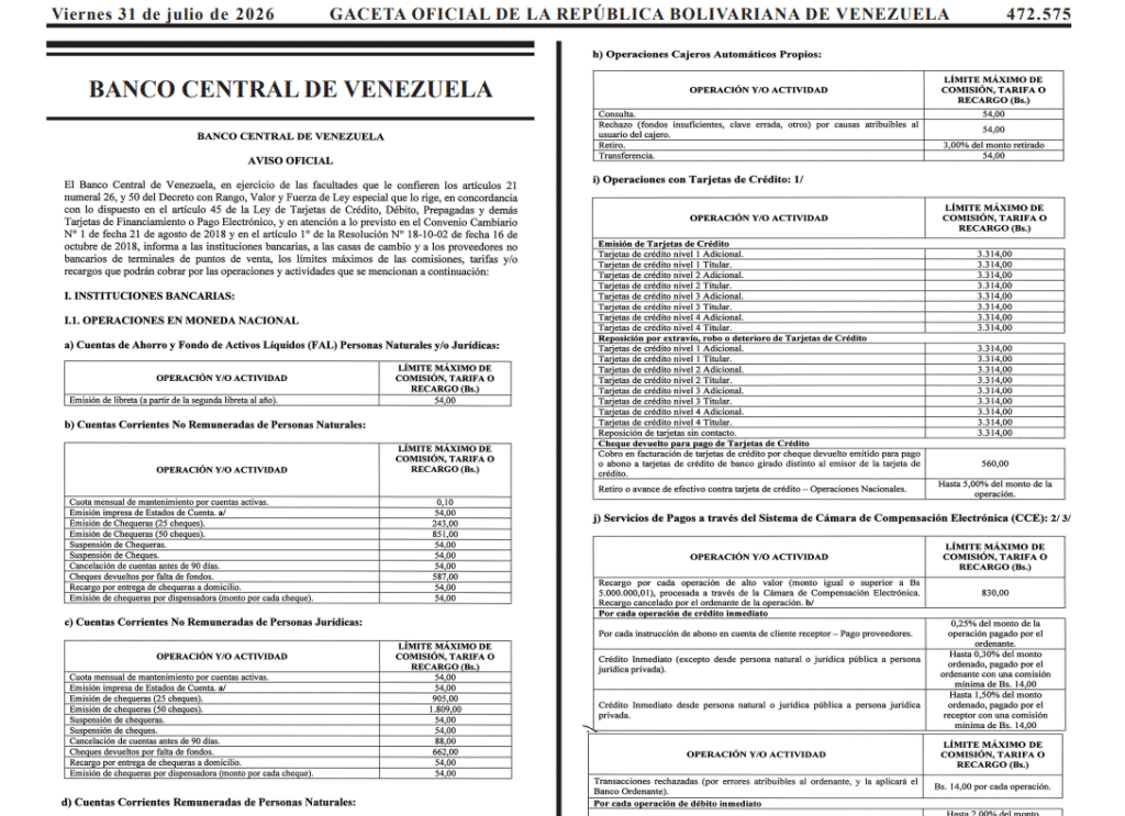 BCV eleva tarifas bancarias: pago móvil, cheques y puntos de venta con fuertes alzas