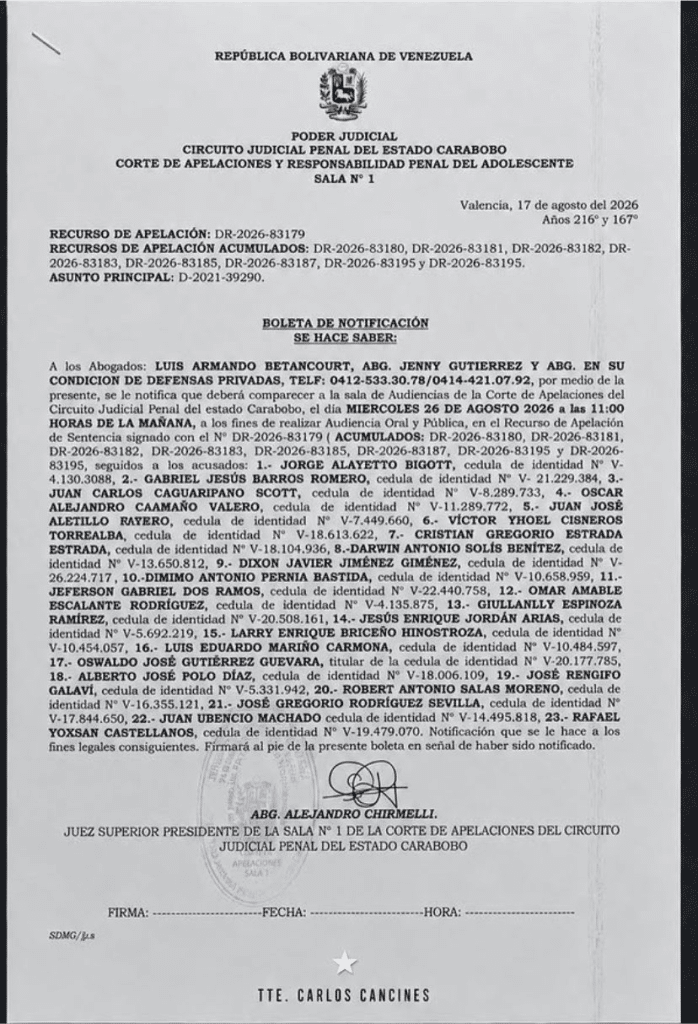 Corte de Apelaciones de Carabobo admite recurso contra sentencia del capitán Caguaripano