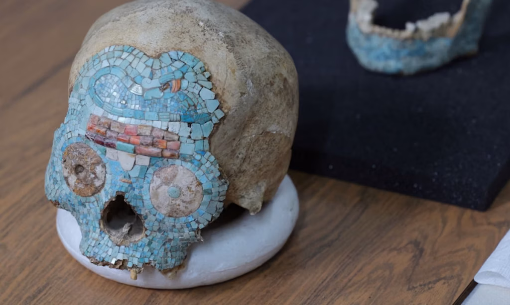 Human skull featuring elaborate mosaic ornamentation repatriated to Mexico
